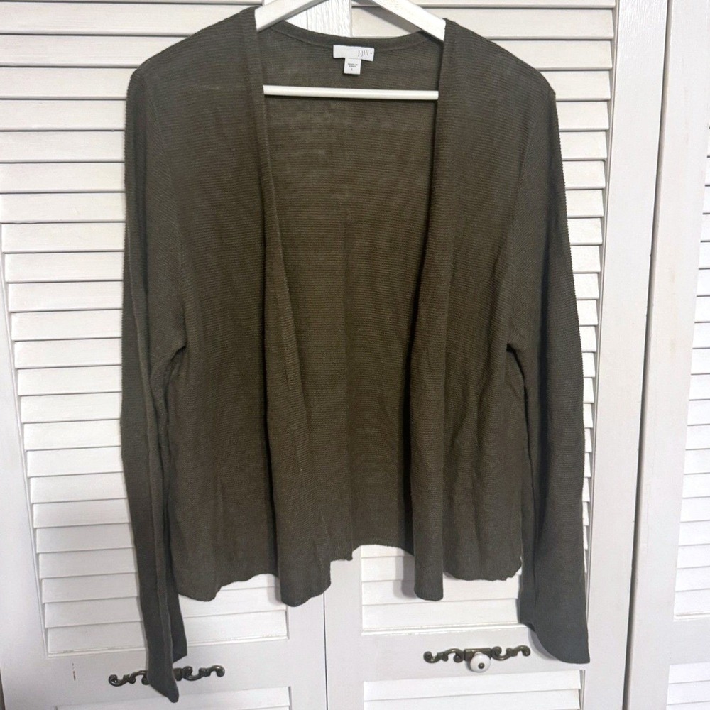 J. Jill Cardigan Open Front Linen Blend Large Olive Green Women Lightweight Knit